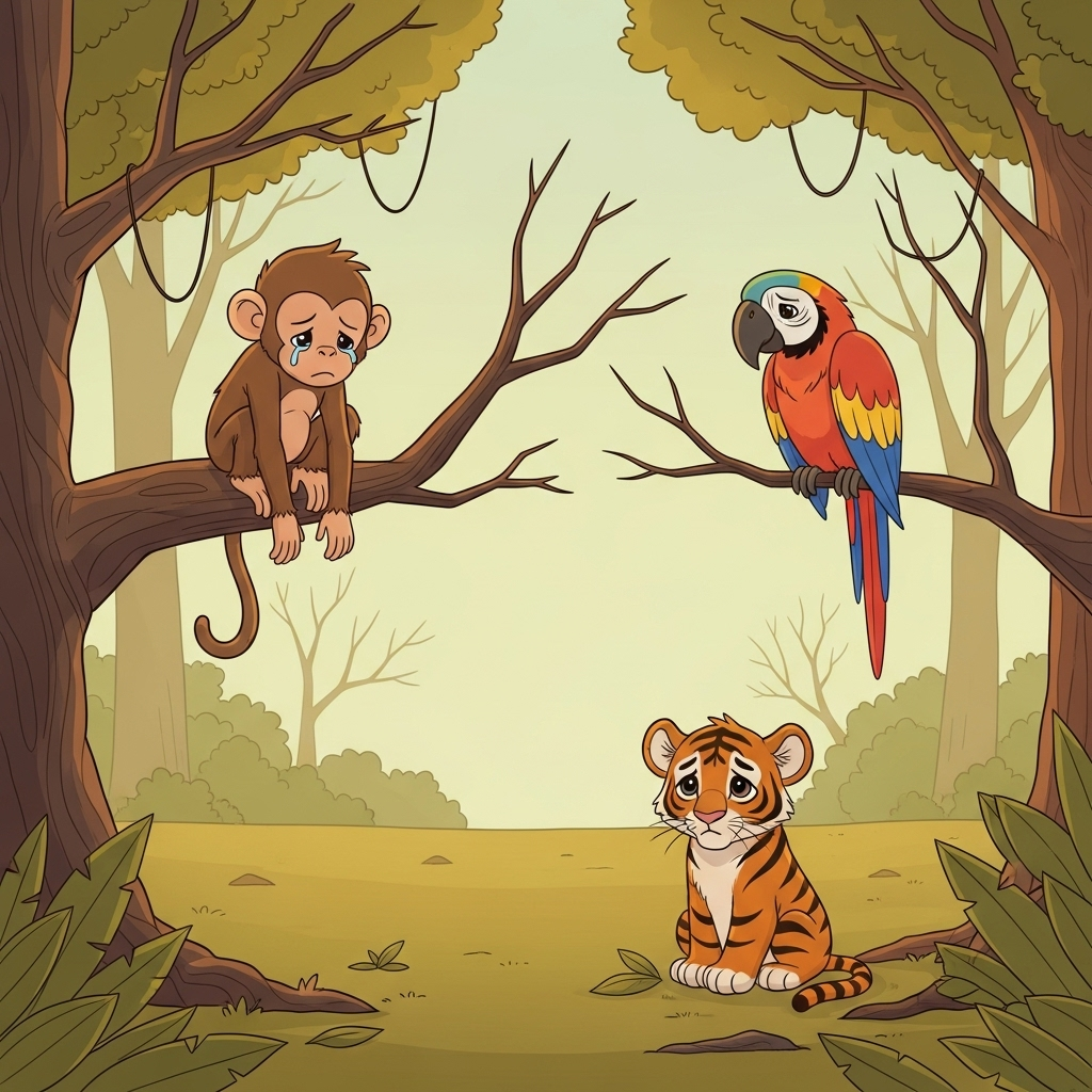 Friendly jungle animals looking sad with no tasks