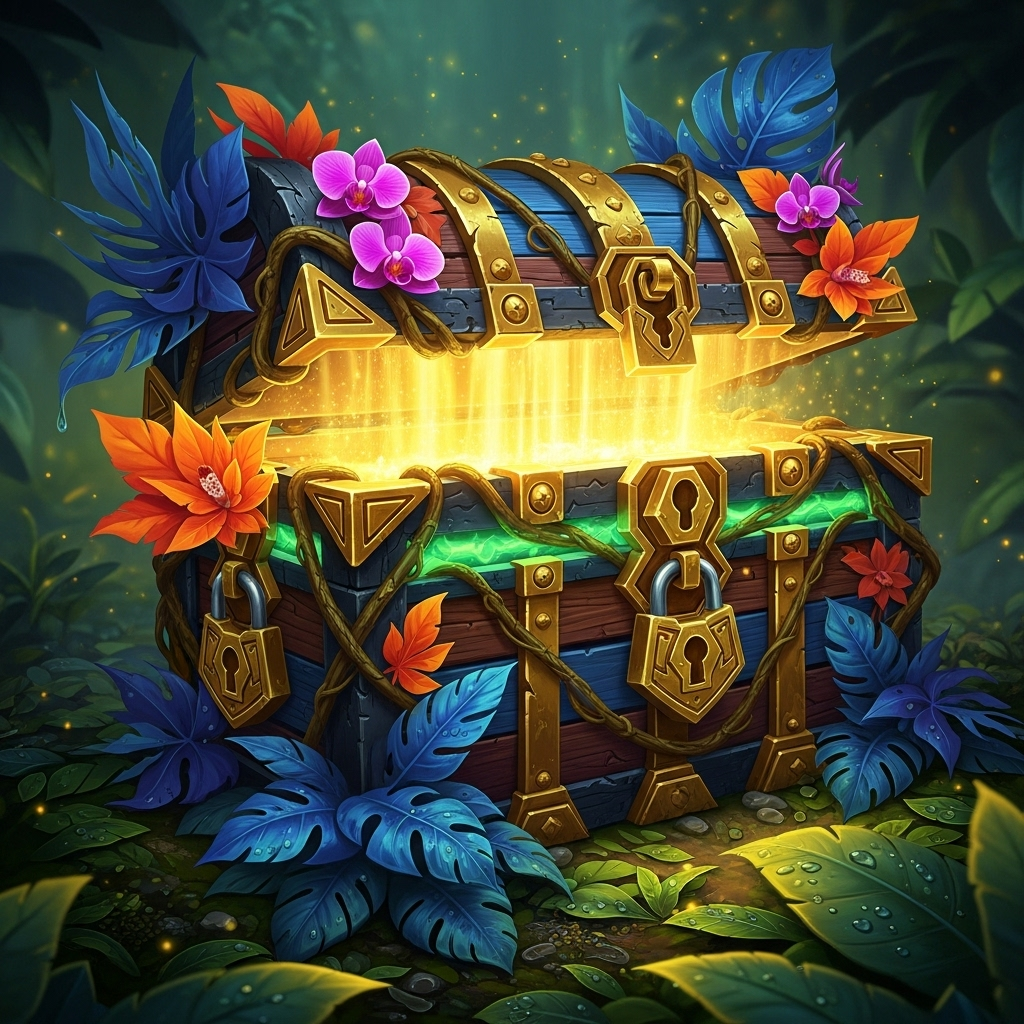 Jungle treasure chest with golden locks and tropical decorations